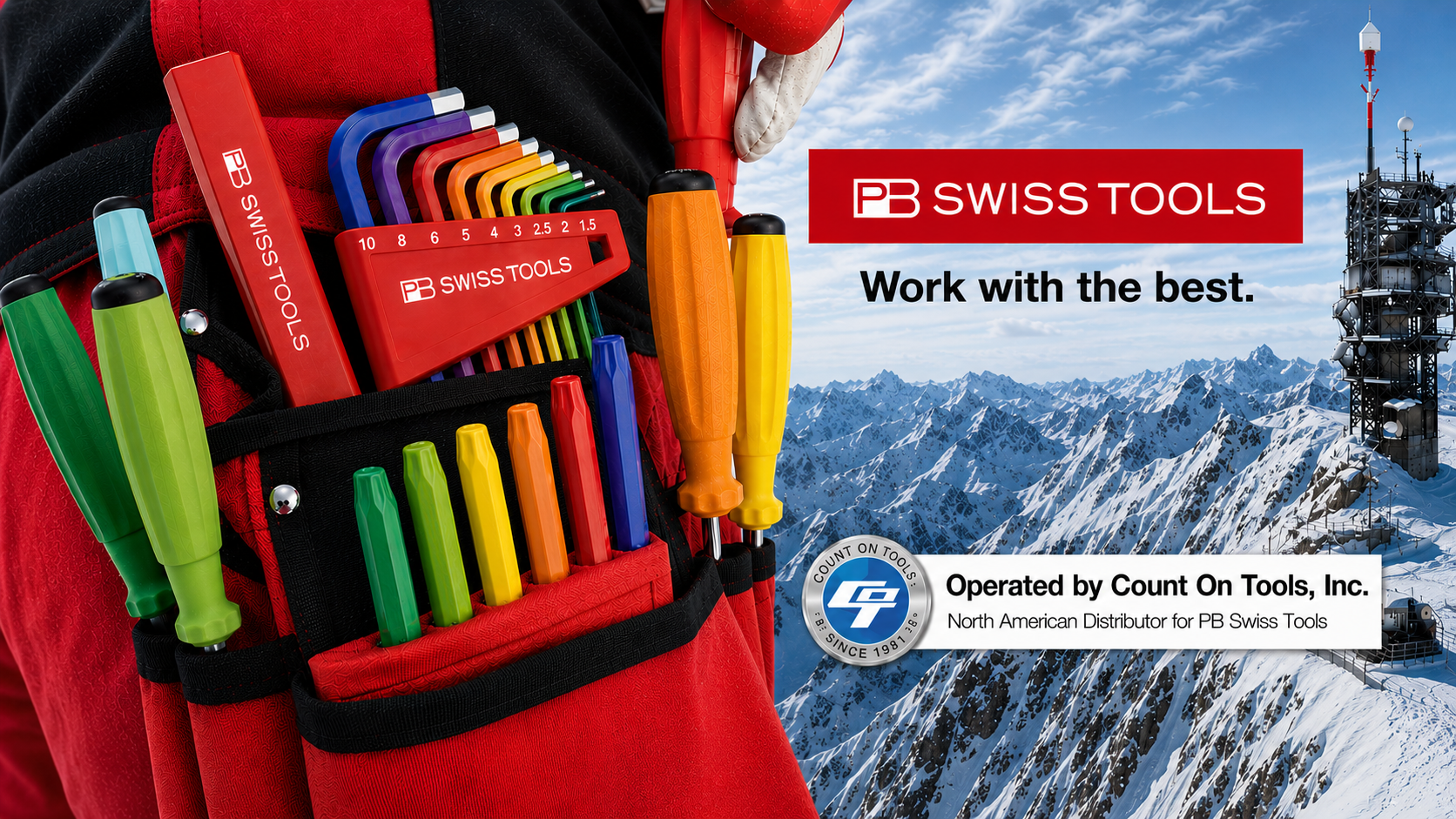 PB Swiss Tools in a professional tool belt with the Swiss Alps in the background